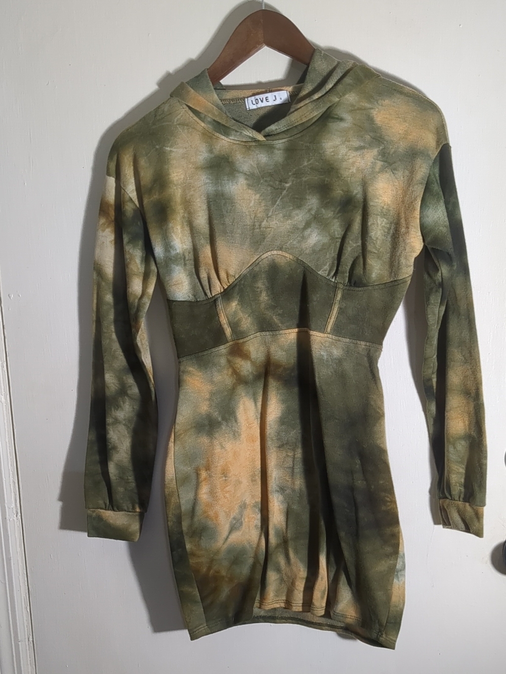 Hoodie Tunic Mini Dress by Love J in Tye Dye Earthy Camo Tones Size S